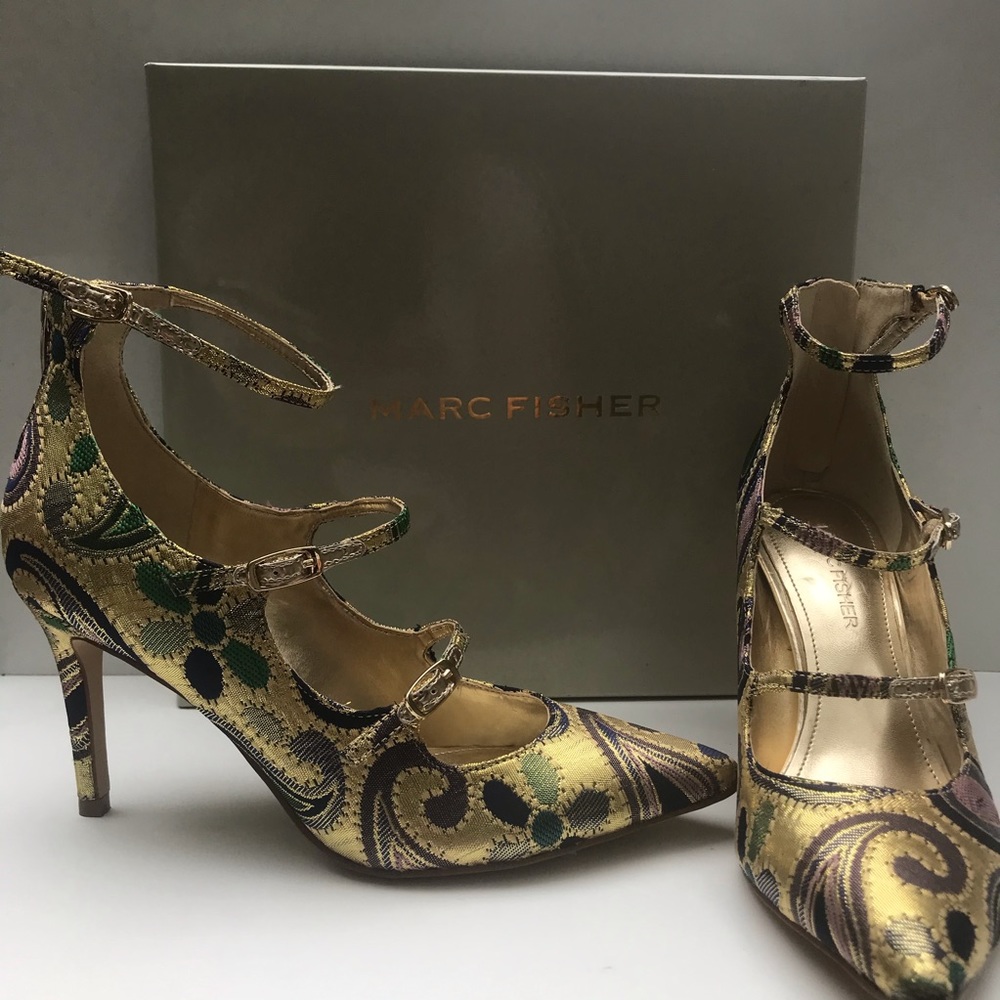 Marc Fisher Brocade Gold Paisley Heels NWOT